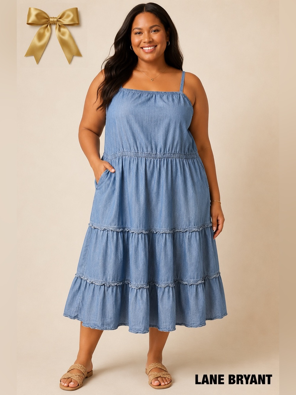 Lane Bryant 20P Chambray Tiered Sundress Blue 100% Cotton Adjustable Strap Midi